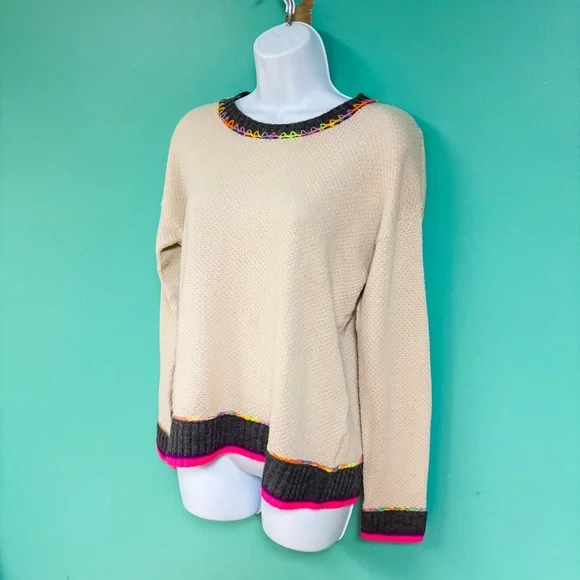 Lisa Todd Cream/Tan & Neon Rainbow Colorblock Border Order Knit Cotton Sweater M - Picture 4 of 8